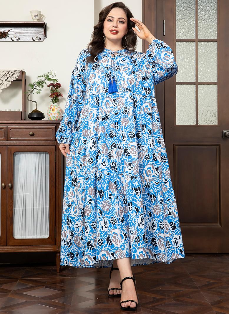 فرايديين لبس العطلة دائري زهري جيب شرابة الكم المنفوخ فساتين حجم إضافي ازرق - Image 1