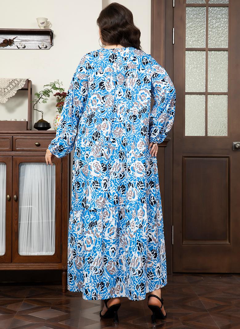 فرايديين لبس العطلة دائري زهري جيب شرابة الكم المنفوخ فساتين حجم إضافي ازرق - Image 2