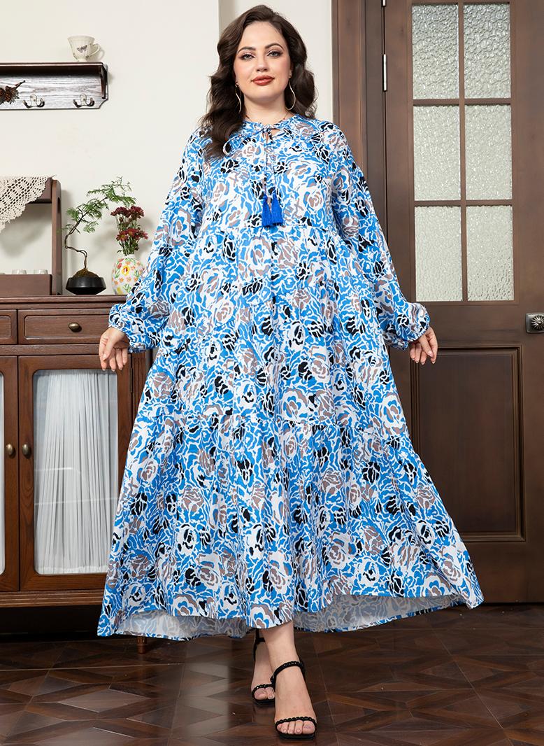 فرايديين لبس العطلة دائري زهري جيب شرابة الكم المنفوخ فساتين حجم إضافي ازرق - Image 5