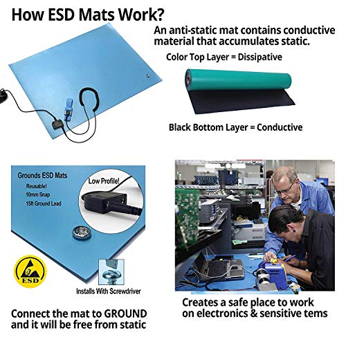 Static Care RubberStat Dual Layer ESD Compliant Workstation Rubber Table Mat Kit, Soldering, Cell Phone Repair, with Wrist Strap Set and Ground Cord - 30"x16" Blue - Image 4