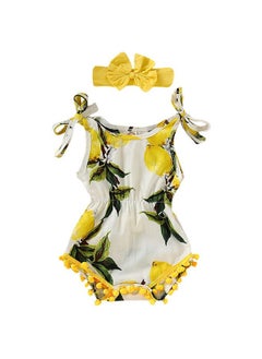 Hopscotch Hopscotch Baby Girls Cotton Lemon Print Sleeveless Onesie with Headband in Yellow Color for Ages 6-9 Months  - Image 1