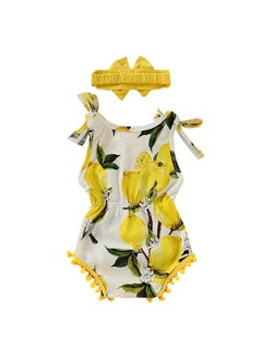 Hopscotch Hopscotch Baby Girls Cotton Lemon Print Sleeveless Onesie with Headband in Yellow Color for Ages 6-9 Months  - Image 2