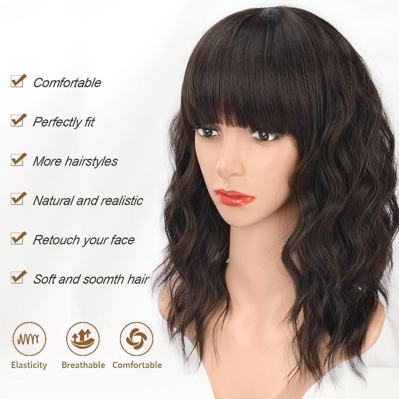 AISI HAIR Natural Brown Synthetic Curly Wavy Bob Wig with Bangs for Women, 21-23 Inches - Image 2