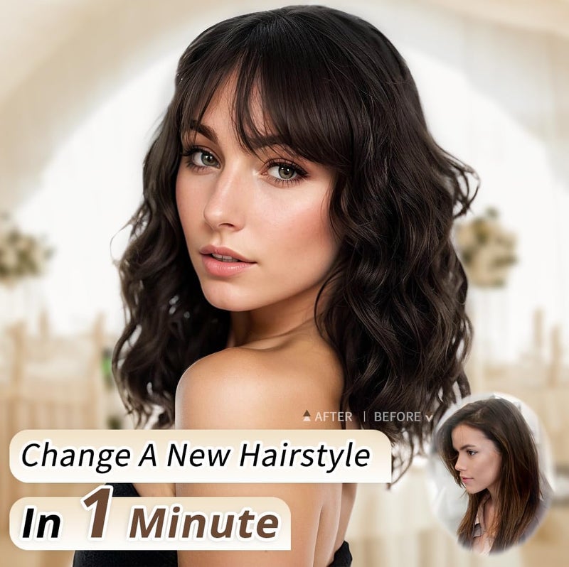 AISI HAIR Natural Brown Synthetic Curly Wavy Bob Wig with Bangs for Women, 21-23 Inches - Image 4