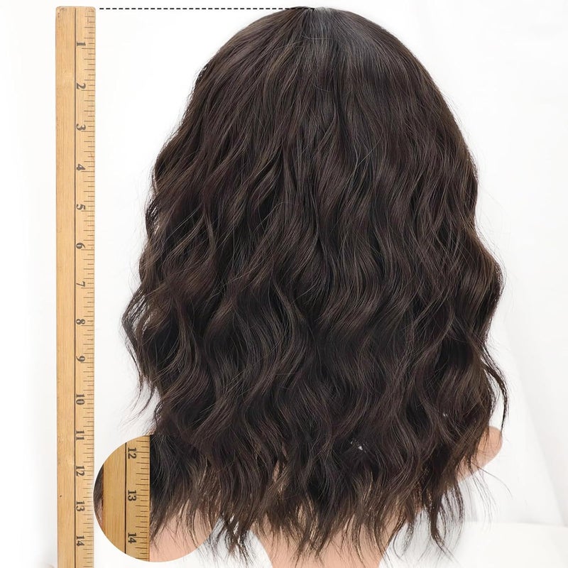 AISI HAIR Natural Brown Synthetic Curly Wavy Bob Wig with Bangs for Women, 21-23 Inches - Image 3