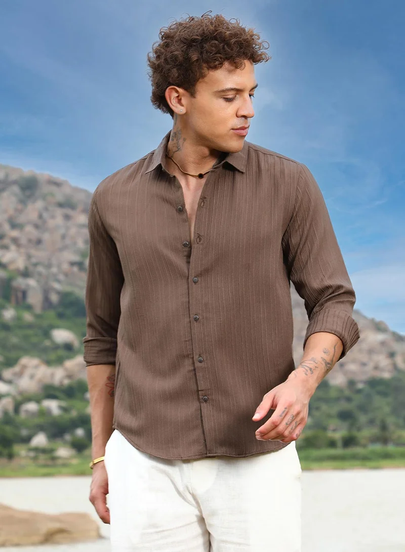 كامبوس سوترا Men's Mocha Brown Self-Design Striped Shirt For Casual Wear | Spread Collar | Long Sleeve | Button Closure | Shirt Crafted With Comfort Fit For Everyday Wear