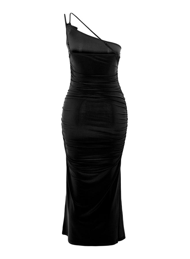 Black Accessory Rose Detailed Gathered Body Fitted Flexible Knitted Midi Pencil Dress