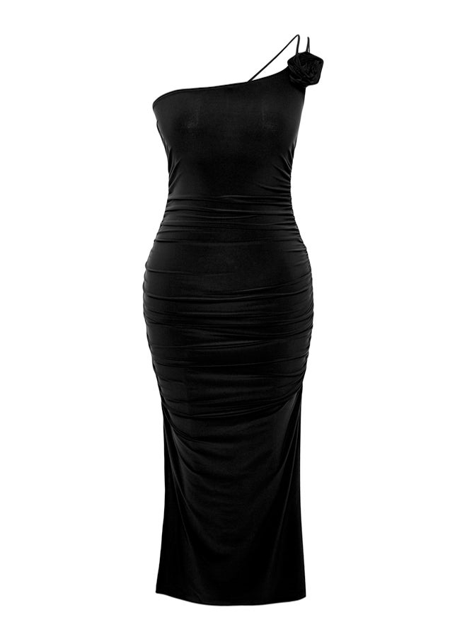Black Accessory Rose Detailed Gathered Body Fitted Flexible Knitted Midi Pencil Dress