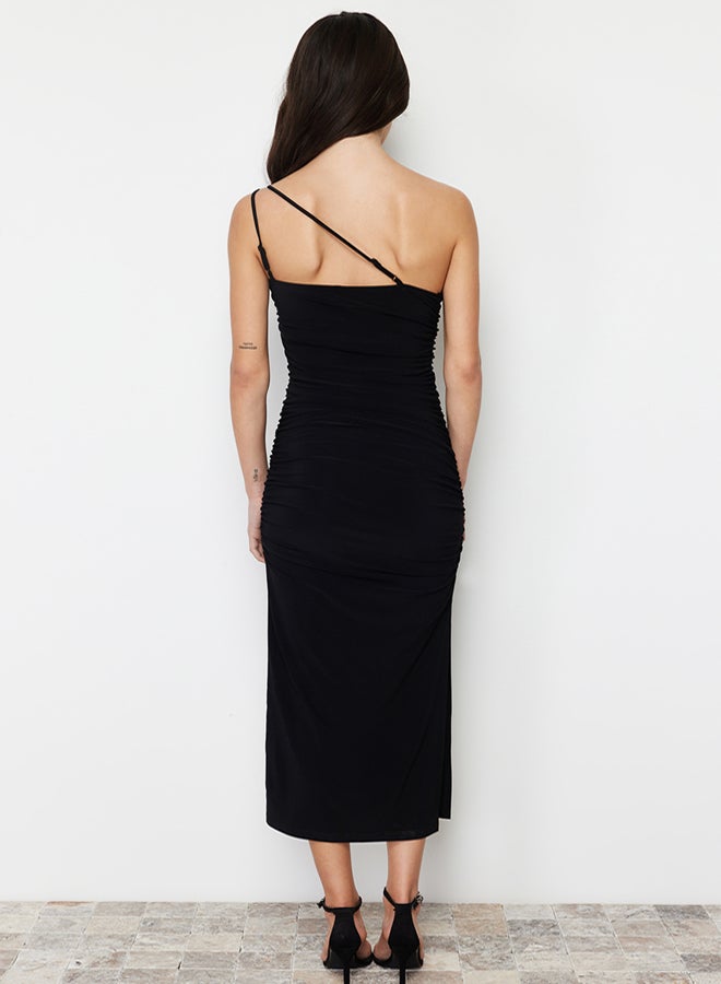 Black Accessory Rose Detailed Gathered Body Fitted Flexible Knitted Midi Pencil Dress