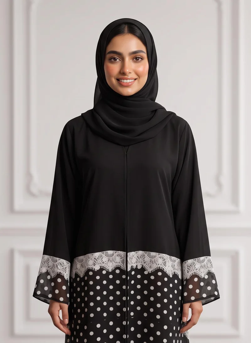نخبة Monochrome Lace-Trimmed Polka Dot Abaya-956