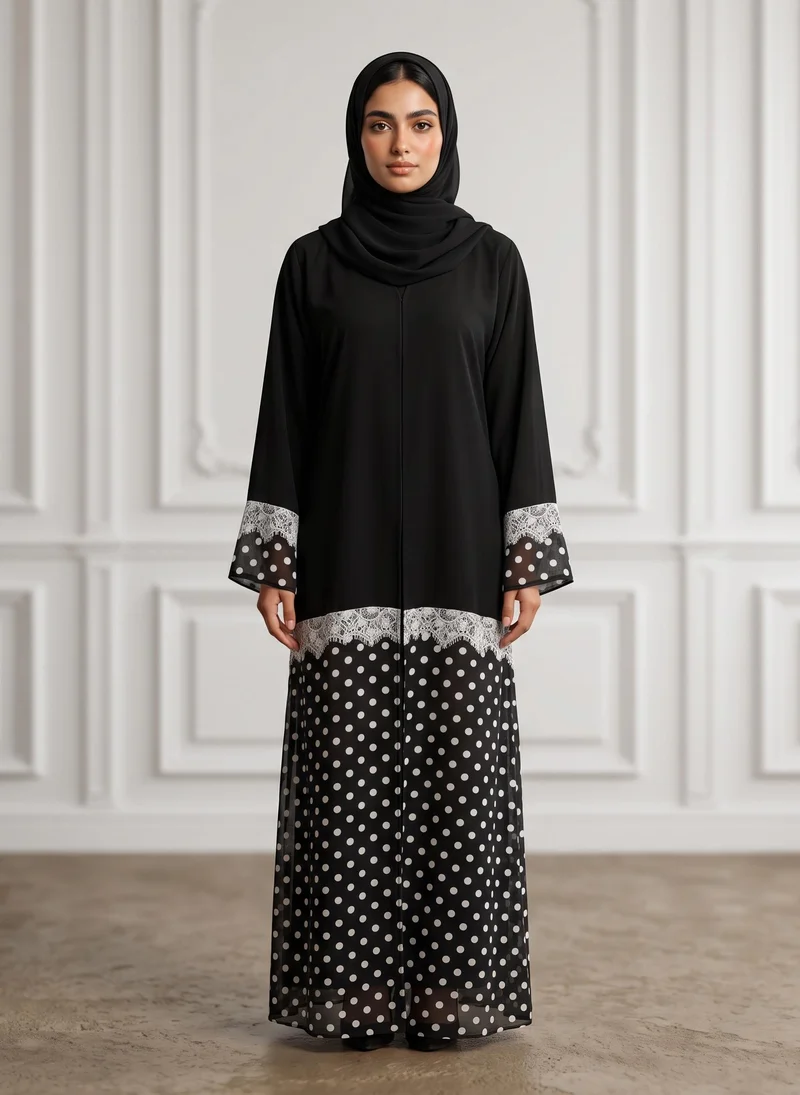Monochrome Lace-Trimmed Polka Dot Abaya-956