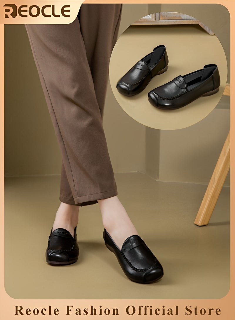 REOCLE Women's Flat Shoes Dress PU Leather Slip on Shoes with Round Toe & Comfortable Lining & Hand Stitching  - Image 1