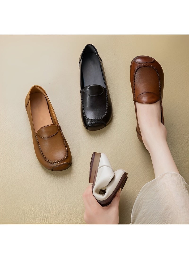 REOCLE Women's Flat Shoes Dress PU Leather Slip on Shoes with Round Toe & Comfortable Lining & Hand Stitching  - Image 4