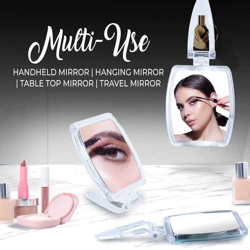 ميرورفانا مرآة يد للسفر عالية التكبير - مرآة مكياج مكبرة 10X و1X قابلة للطي 3 في 1 مرآة يد معلقة مرآة طاولة - 3.3 بوصة × 7.3 بوصة (غير مطوية) / 3.3 × 4.4 (مطوية) - Image 4