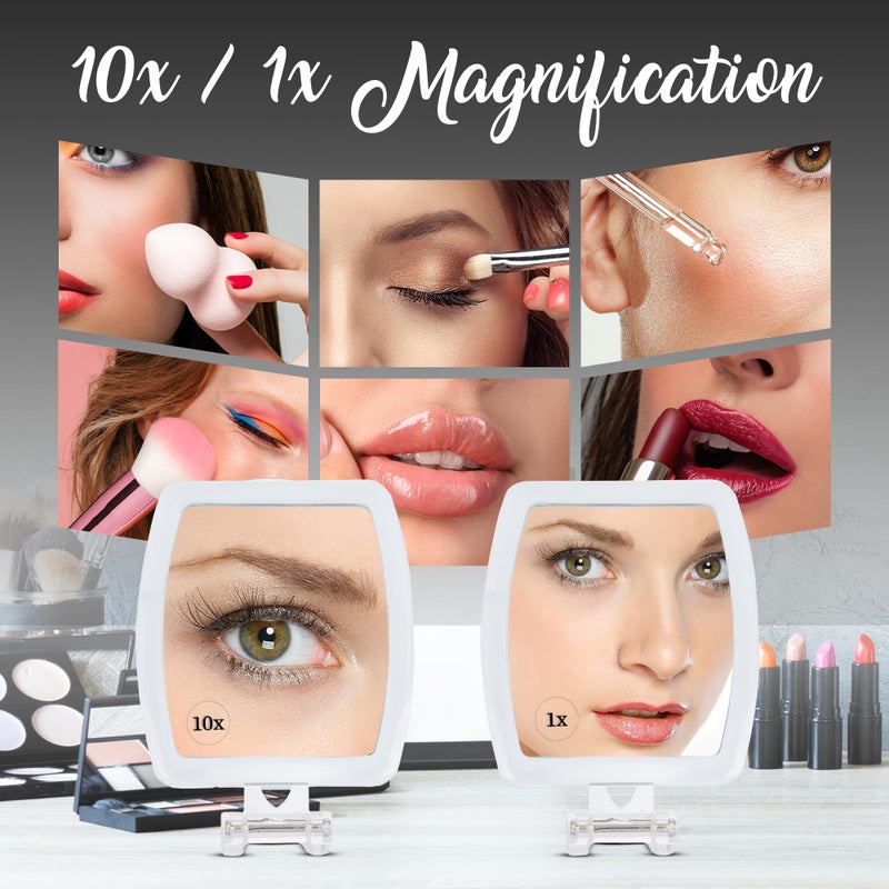ميرورفانا مرآة يد للسفر عالية التكبير - مرآة مكياج مكبرة 10X و1X قابلة للطي 3 في 1 مرآة يد معلقة مرآة طاولة - 3.3 بوصة × 7.3 بوصة (غير مطوية) / 3.3 × 4.4 (مطوية) - Image 2