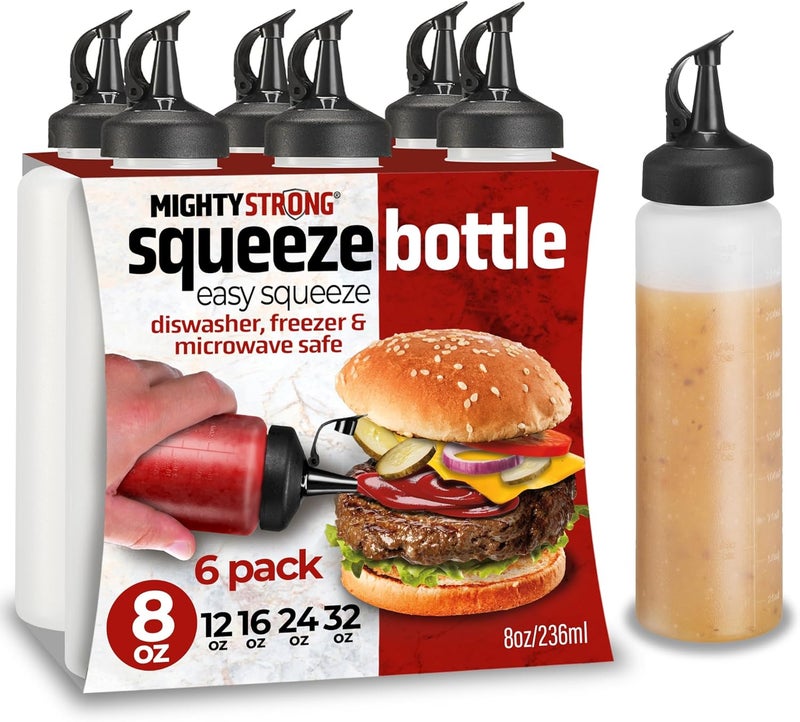 MIGHTY STRONG 6 Pack Condiment Squeeze Bottles - 8 Oz Squirt Bottles with Leak Proof Snap Cap, Easy Pour Sauce Bottles for Liquids, Ketchup, Oil - Image 1