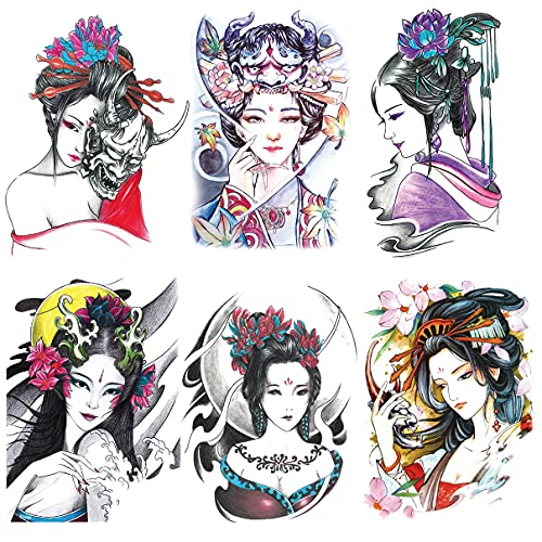 Oottati 6 Sheets Arm Waterproof Temporary Tattoo Stickers, Colorful Japanese Ancient Beauty Lady Women Hairpin Geisha Prajna Lotus, suit for Leg Back Thigh - Image 1
