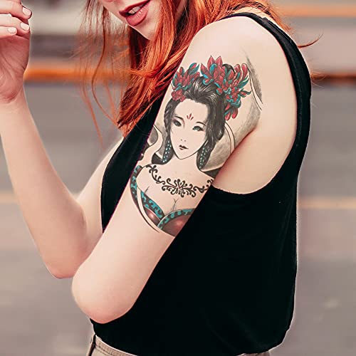 Oottati 6 Sheets Arm Waterproof Temporary Tattoo Stickers, Colorful Japanese Ancient Beauty Lady Women Hairpin Geisha Prajna Lotus, suit for Leg Back Thigh - Image 2