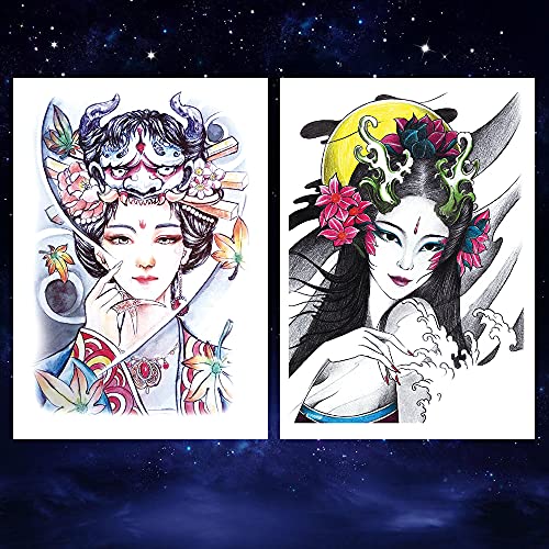 Oottati 6 Sheets Arm Waterproof Temporary Tattoo Stickers, Colorful Japanese Ancient Beauty Lady Women Hairpin Geisha Prajna Lotus, suit for Leg Back Thigh - Image 5