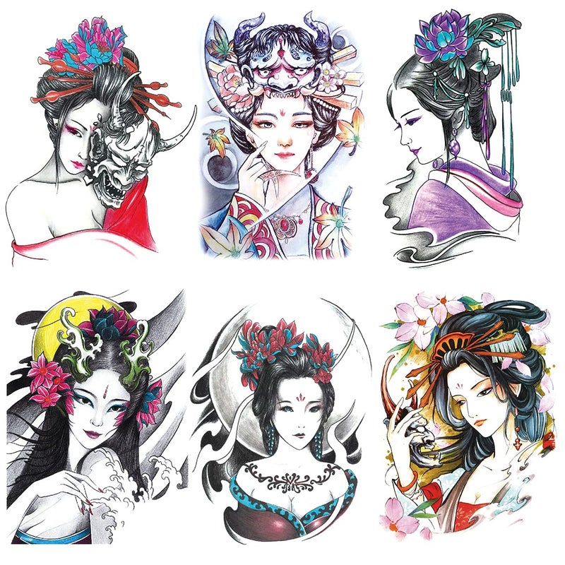 Oottati 6 Sheets Arm Waterproof Temporary Tattoo Stickers, Colorful Japanese Ancient Beauty Lady Women Hairpin Geisha Prajna Lotus, suit for Leg Back Thigh - Image 4
