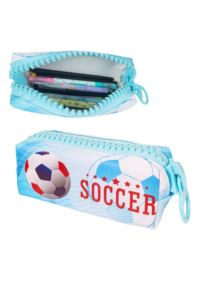 ويش كي حقيبة أقلام رصاص WISHKEY بتصميم كرة القدم للأطفال، صندوق أقلام رصاص أنيق بسحاب لتخزين أدوات القرطاسية، حقيبة تنظيم أدوات مكتبية كبيرة السعة لطلاب المدارس، (عبوة من قطعة واحدة، أزرق) - Image 1