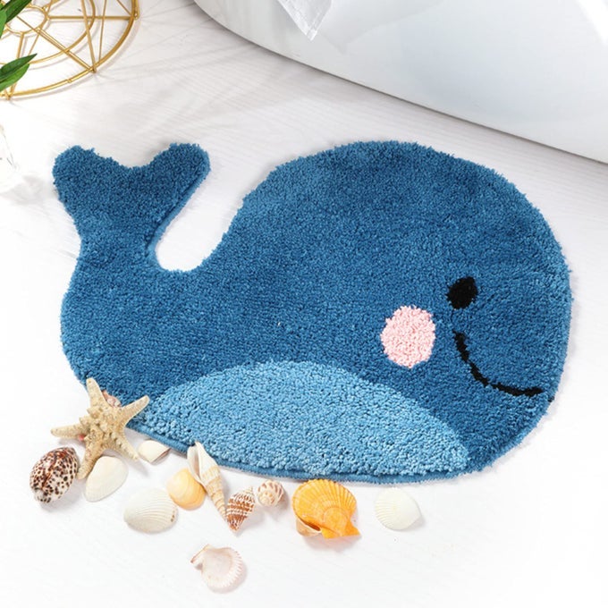 BLUE BATHROOM RUGS WHALE BATH RUG CUTE NON SLIP MAT WASHABLE MICROFIBER TERRY WATER ABSORBENT FARMHOUSE FLOOR MAT FOR BOYS GIRLS KIDS 18X24 INCHES