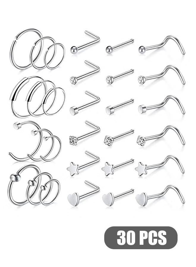 30 Pcs 20G Nose Rings for Women Nose Piercings Jewelry Gold Nose Rings Hoops Stainless Steel Nose Studs Screw for Women Men (Silver) - Image 1