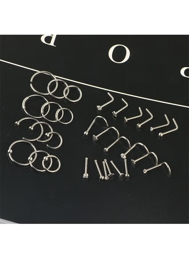 30 Pcs 22G Titanium Steel Nose Piercing Jewelry, Silver Nose Rings Hoops & Screw Studs for Women & Men - Image 4