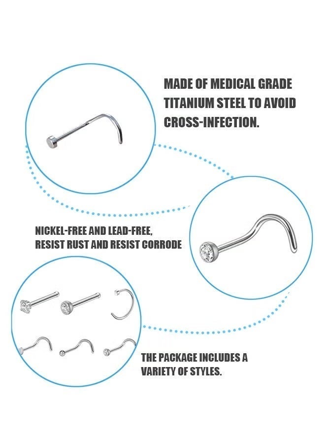 30 Pcs 22G Titanium Steel Nose Piercing Jewelry, Silver Nose Rings Hoops & Screw Studs for Women & Men - Image 3