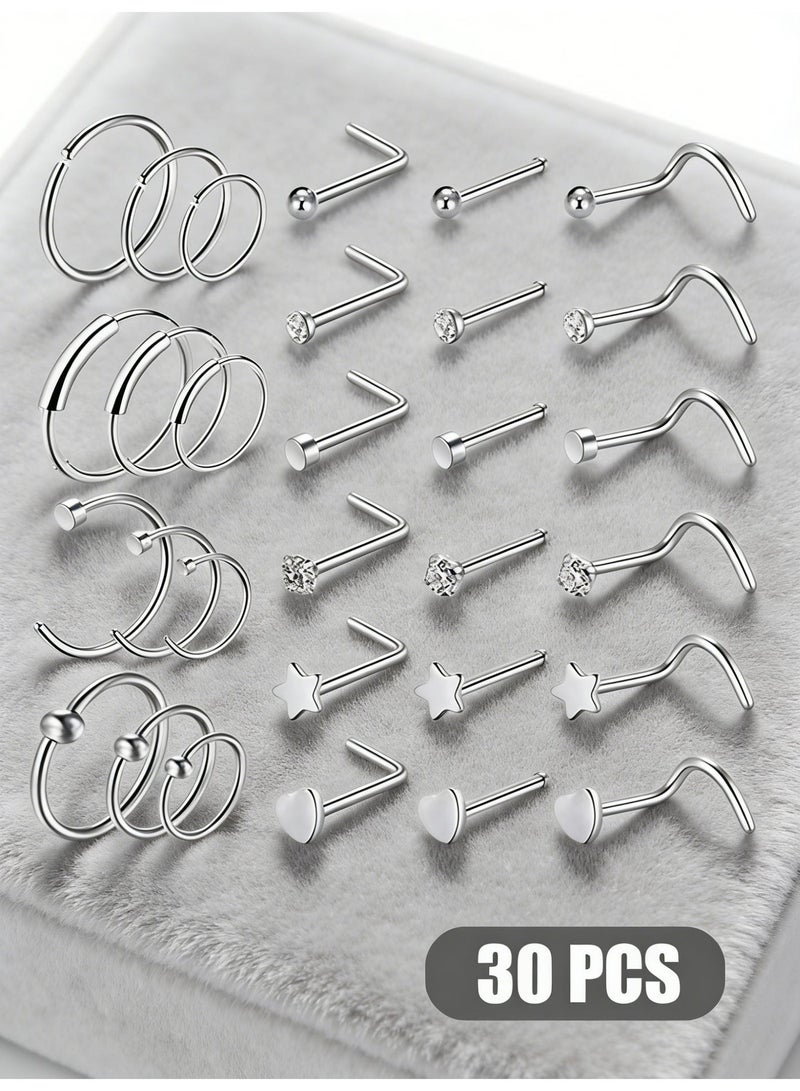 30 Pcs 22G Titanium Steel Nose Piercing Jewelry, Silver Nose Rings Hoops & Screw Studs for Women & Men - Image 1