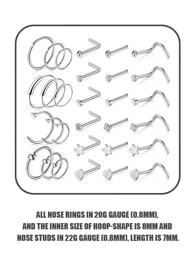 30 Pcs 22G Titanium Steel Nose Piercing Jewelry, Silver Nose Rings Hoops & Screw Studs for Women & Men - Image 2