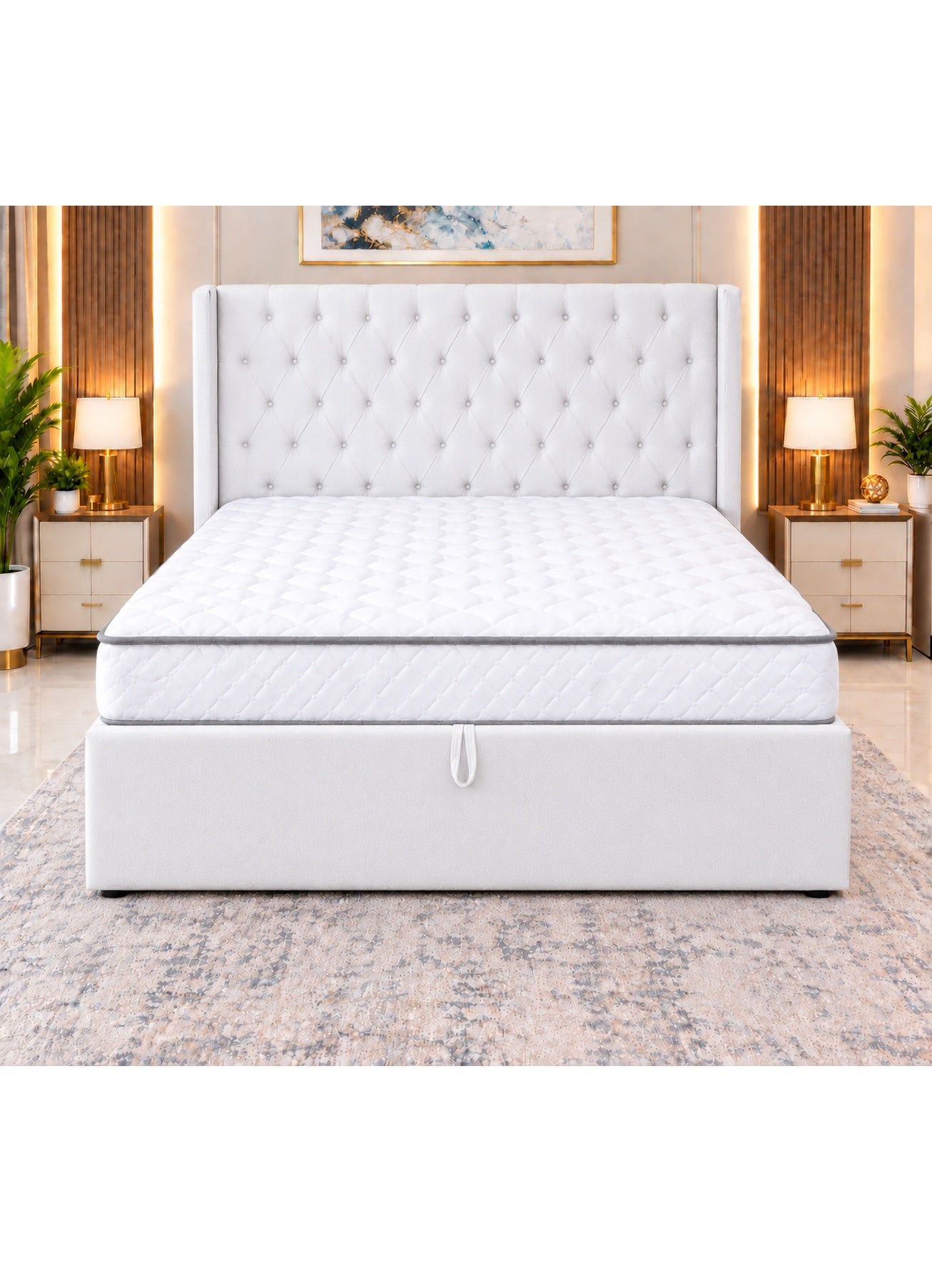 Hydraulic Storage Bed with Mattress | Queen King Size Bed Frame | Metal Platform Bed Frame | Upholstered Tufted Headboard | Lift Up Under Bed Storage | Modern Bedroom Furniture