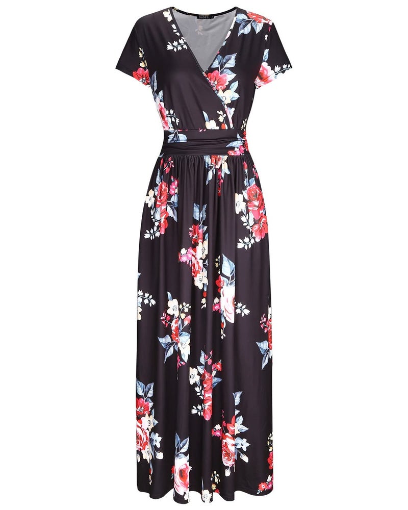 OUGES Women's V-Neck Pattern Pocket Maxi Long Dress(Floral-6,L) - Image 2