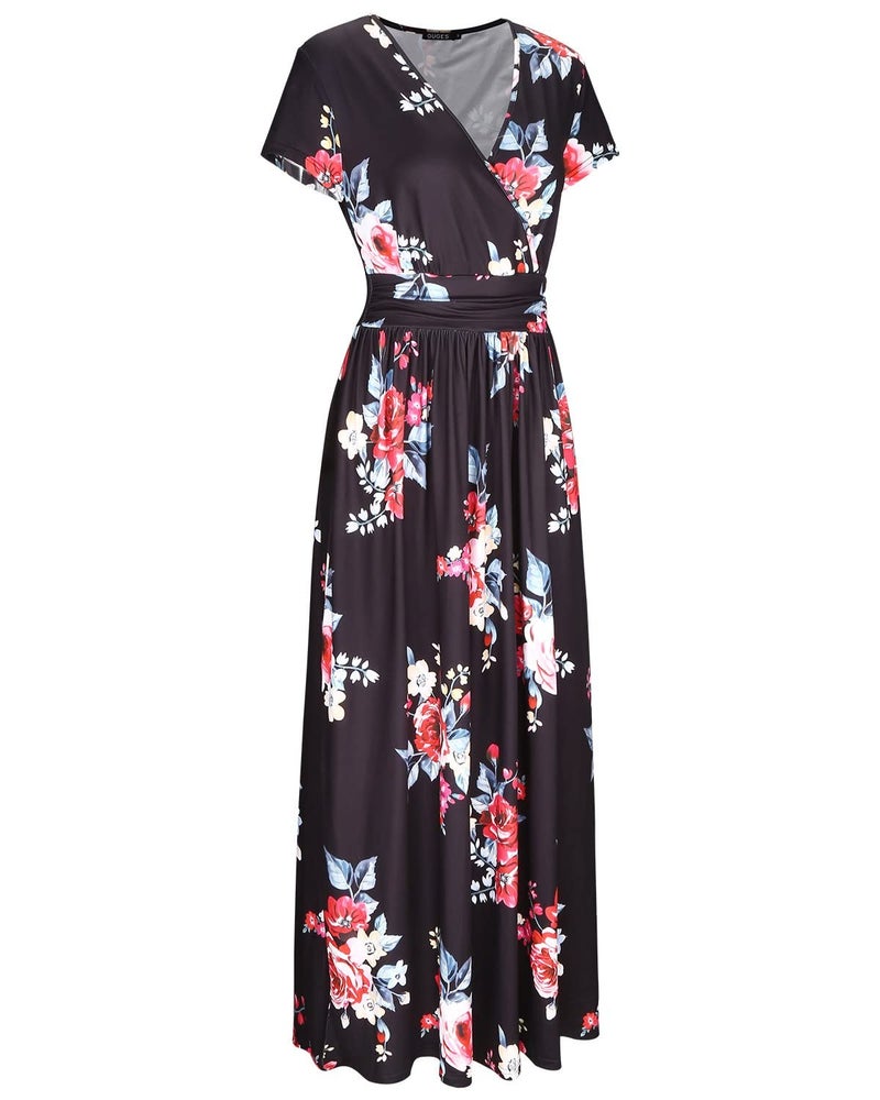 OUGES Women's V-Neck Pattern Pocket Maxi Long Dress(Floral-6,L) - Image 3