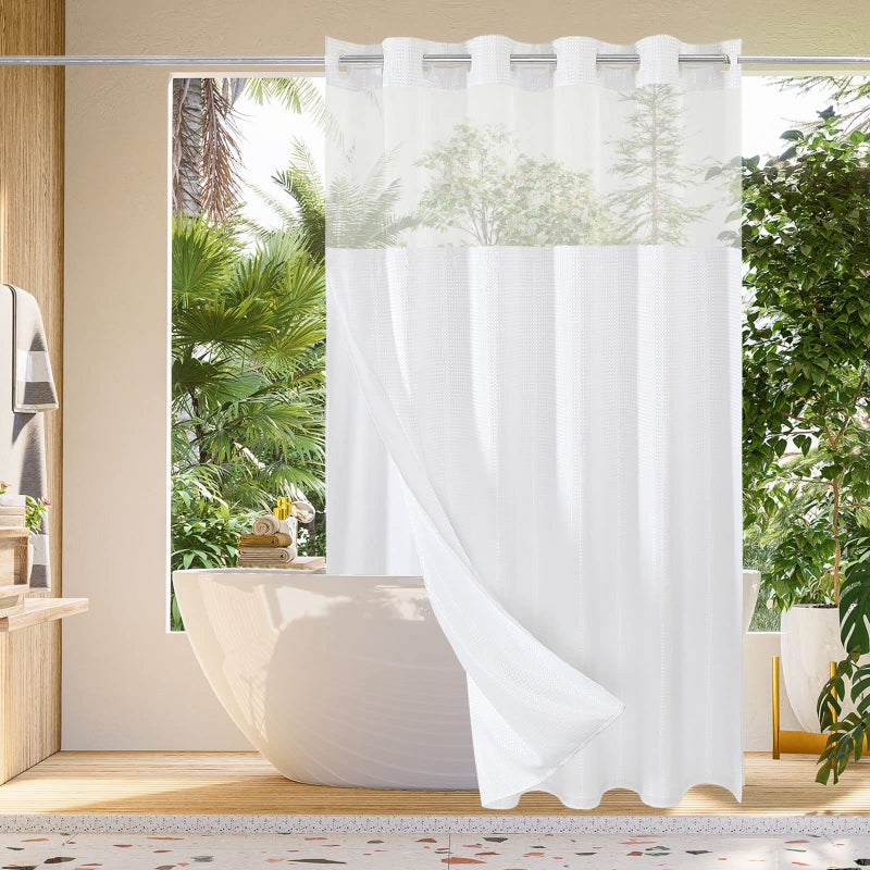 Gibelle No Hook Waffle Weave Shower Curtain with Snapin Fabric Liner Set for Bathroom Hotel Style with Mesh Top Window Waterproof  Washable White 72x74