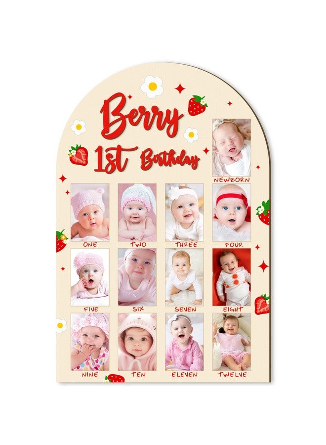 R HORSE 3D Berry 1st Birthday Wood Photo Display Board, Adorable Strawberry Baby's First Year Picture Frame, 1-12 Months Milestone Board Birthday Decorations Keepsake Gift for Baby Girls Nursery Decor - Image 1