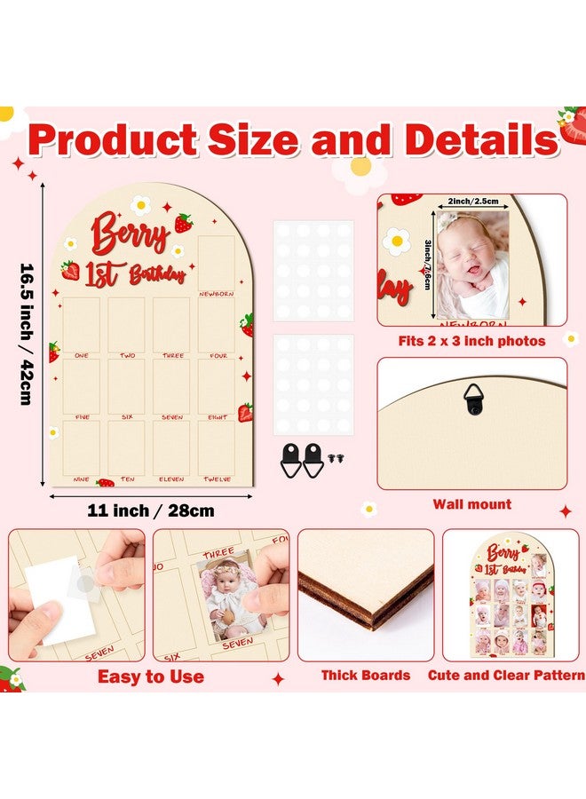 R HORSE 3D Berry 1st Birthday Wood Photo Display Board, Adorable Strawberry Baby's First Year Picture Frame, 1-12 Months Milestone Board Birthday Decorations Keepsake Gift for Baby Girls Nursery Decor - Image 2