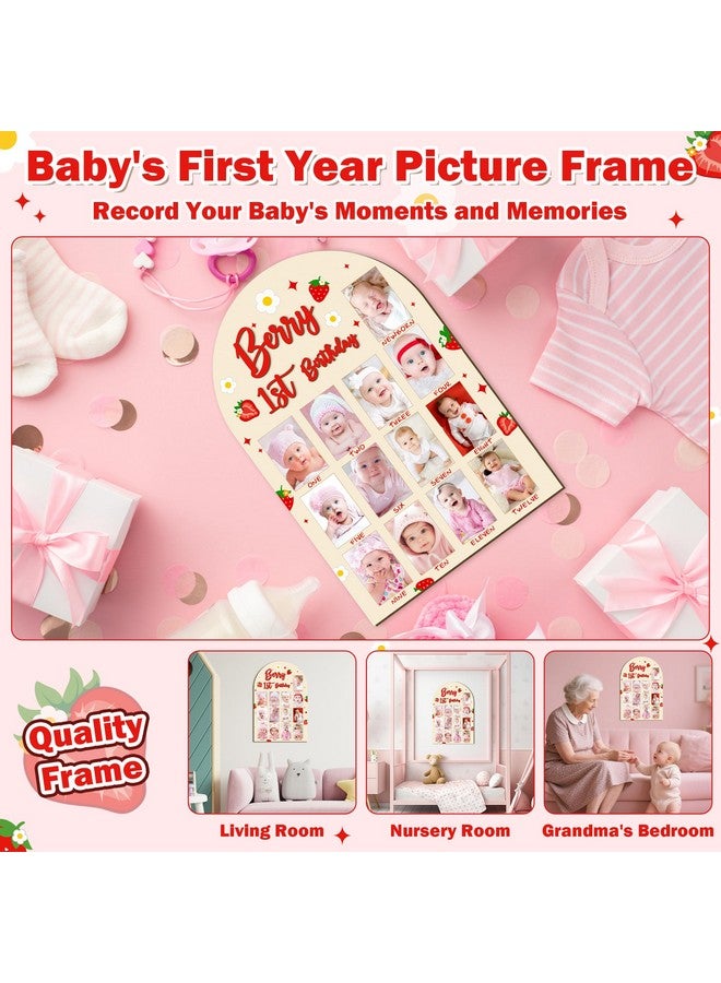R HORSE 3D Berry 1st Birthday Wood Photo Display Board, Adorable Strawberry Baby's First Year Picture Frame, 1-12 Months Milestone Board Birthday Decorations Keepsake Gift for Baby Girls Nursery Decor - Image 3
