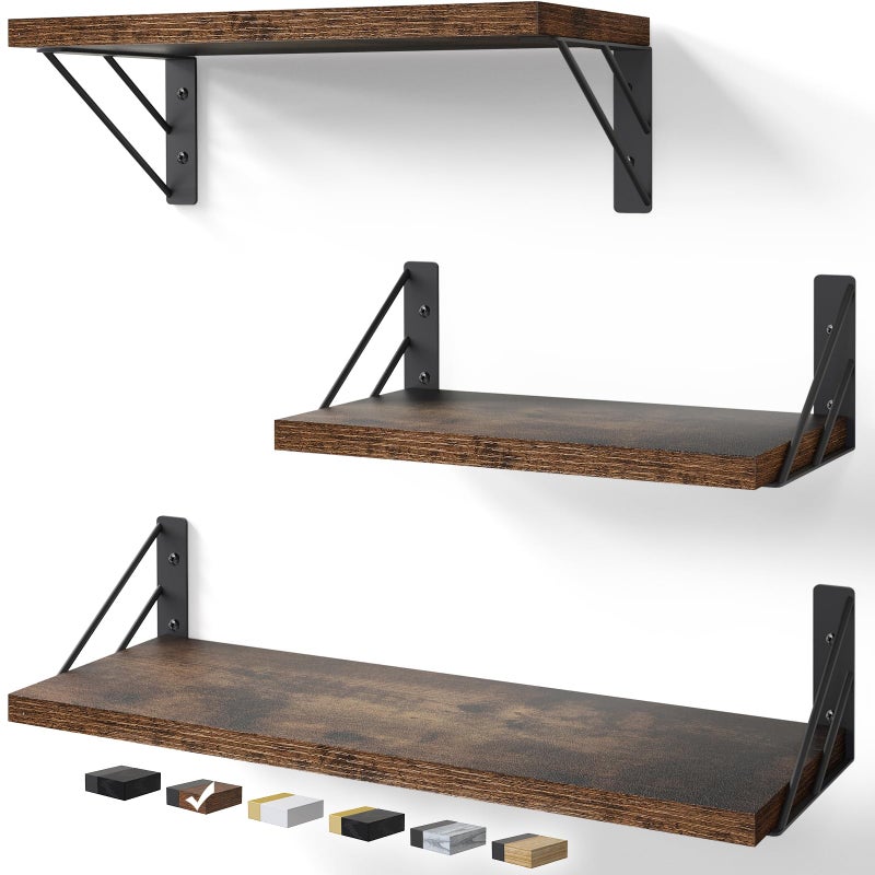 BAYKA Wall Shelves for Bedroom Decor Floating Wall Shelves for Living Room Kitchen Storage Wall Mounted Rustic Wood Floating Shelves for Kids BooksCorner Shelves for BathroomSet of 3