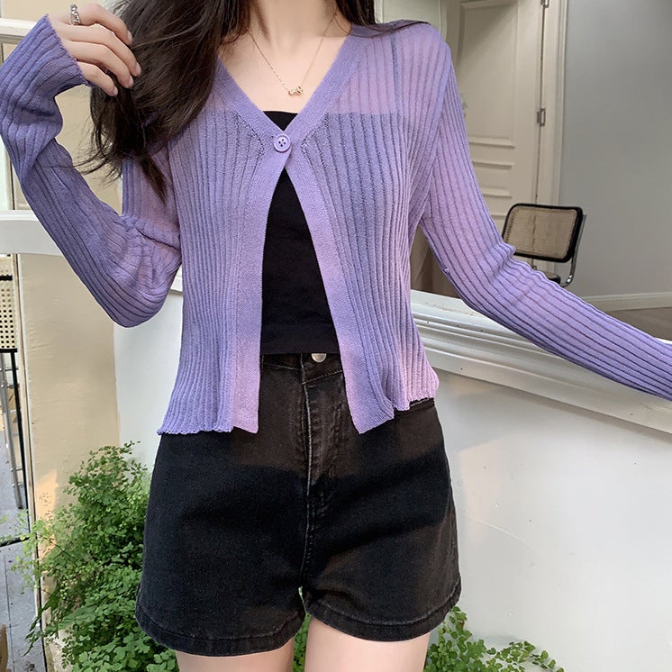 Ice Silk Thin Knitted Cardigan Jacket Womens Summer New Style Small Shawl V-Neck Short Air-conditioning Shirt Sunscreen Clothes Purple - Image 1