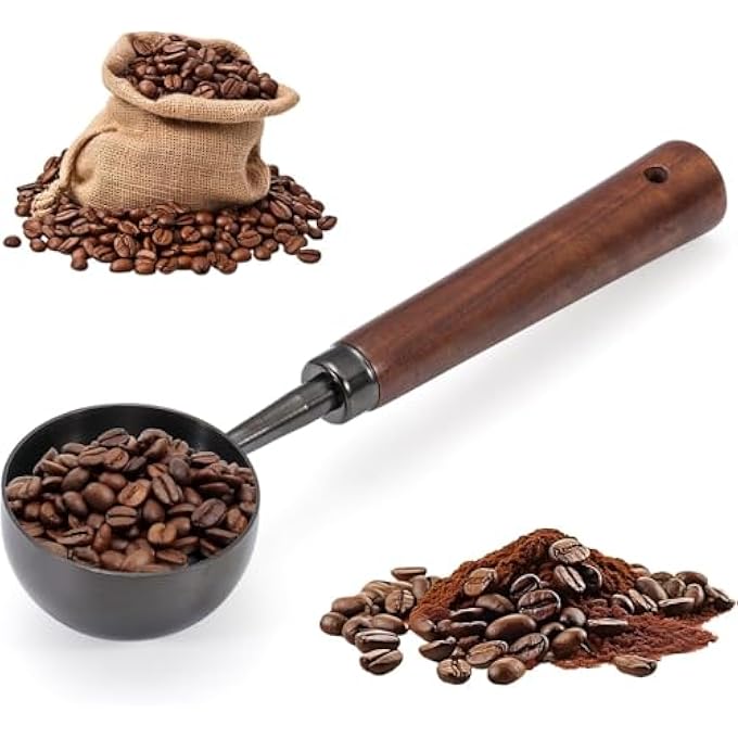 ريحني ملعقة قياس قهوة من الفولاذ المقاوم للصدأ قديمة، مقبض طويل بمقبض جوز أسود سعة 15 جرام، مثالية لشاي القهوة والحليب التيتانيوم الأسود - Image 1