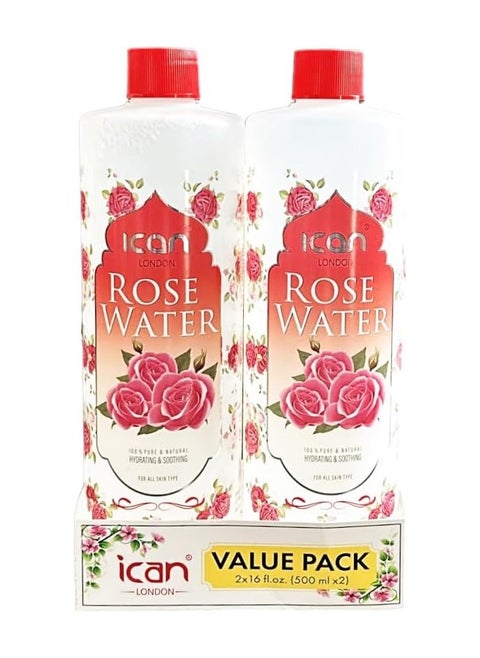 100% Natural Rose Water, Hydrating and Purifying Pure Rose Water 2 x 500ml (1000ml)