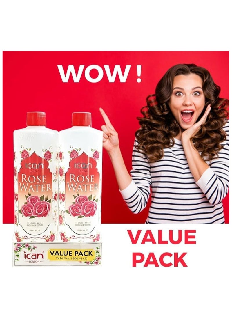 iCan London - 100% Natural Rose Water, Hydrating and Purifying Pure Rose Water 2 x 500ml (1000ml) - Image 1