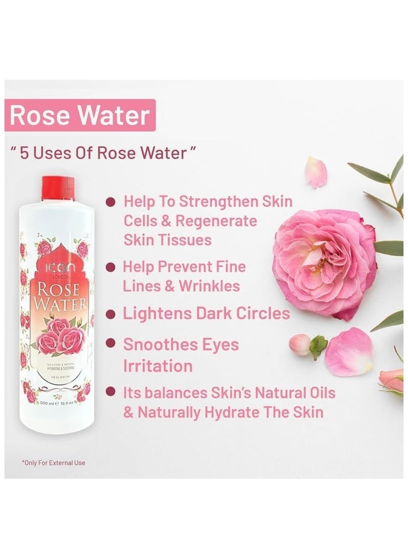 iCan London - 100% Natural Rose Water, Hydrating and Purifying Pure Rose Water 2 x 500ml (1000ml) - Image 1