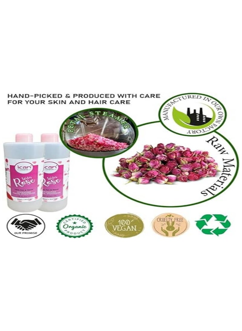 iCan London - 100% Natural Rose Water, Hydrating and Purifying Pure Rose Water 2 x 500ml (1000ml) - Image 1