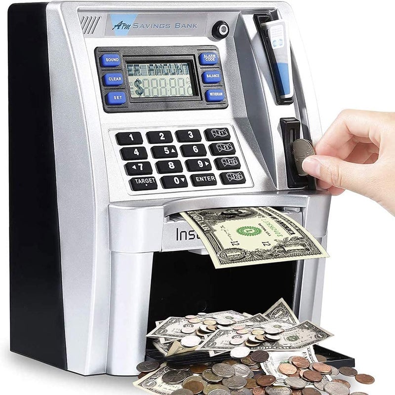 LB ATM Savings Bank for Real Money for Adults Kids with Card Personal ATM Saving Piggy Bank Machine for Boys Girls Password LoginCoin RecognitionBalance CalculatorElectronic Safe Box SilverBlack - Image 2