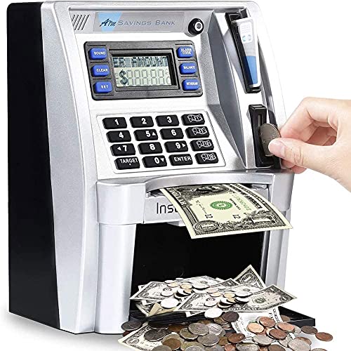 LB ATM Savings Bank for Real Money for Adults Kids with Card Personal ATM Saving Piggy Bank Machine for Boys Girls Password LoginCoin RecognitionBalance CalculatorElectronic Safe Box SilverBlack - Image 1