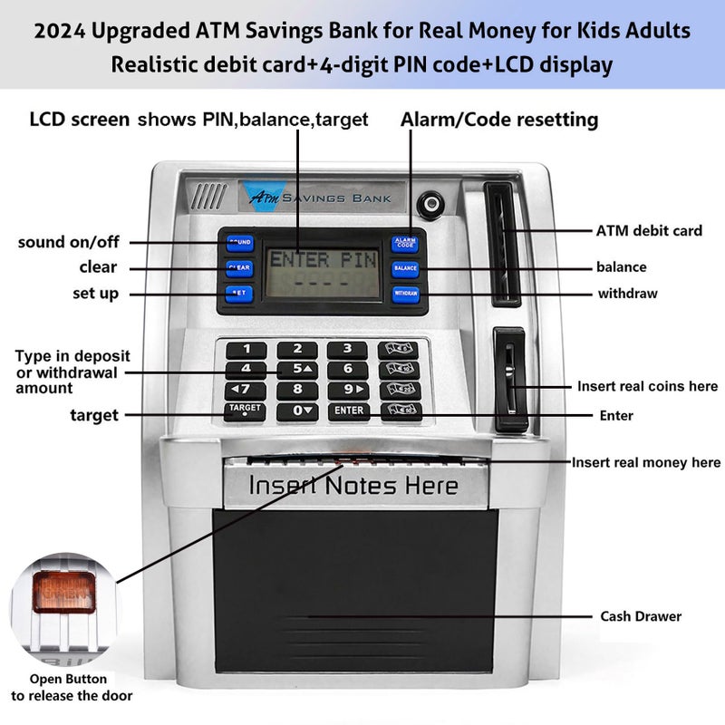 LB ATM Savings Bank for Real Money for Adults Kids with Card Personal ATM Saving Piggy Bank Machine for Boys Girls Password LoginCoin RecognitionBalance CalculatorElectronic Safe Box SilverBlack - Image 3