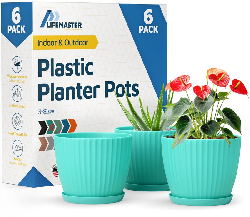 LifeMaster Aqua 6-Inch Plant Pots with Drainage & Saucers 6 Pack, Indoor & Outdoor Planters for Houseplants, Herbs, and Flowers, Durable & Weatherproof Material, Stackable, Lightweight, Minimalist Design - Image 1