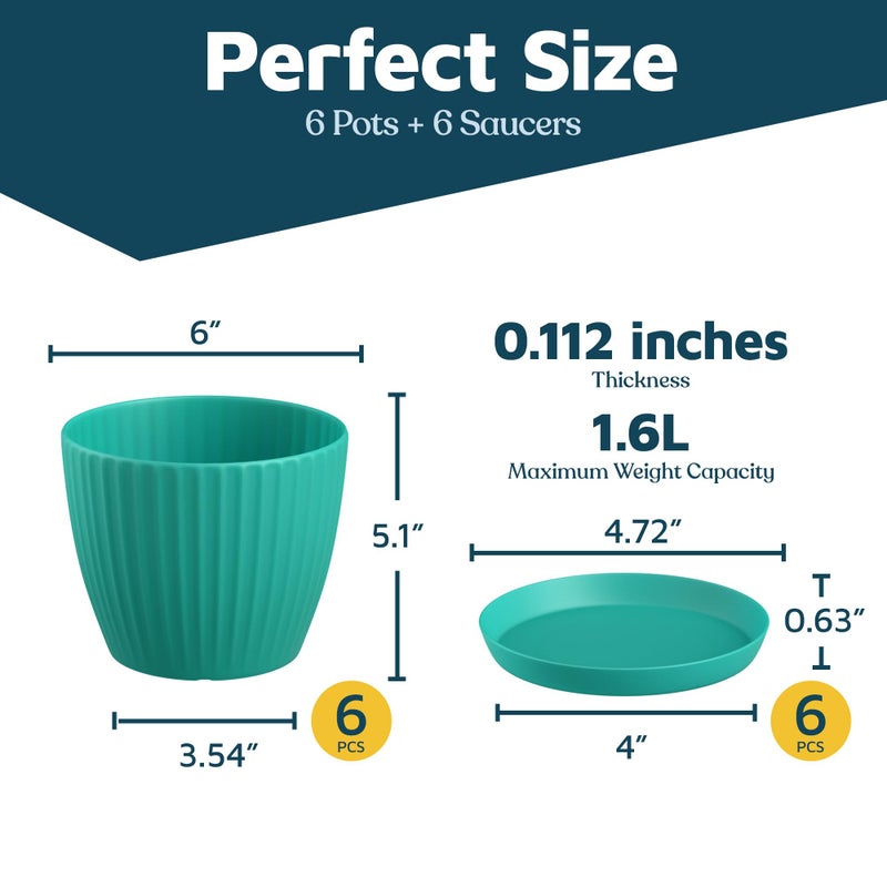 LifeMaster Aqua 6-Inch Plant Pots with Drainage & Saucers 6 Pack, Indoor & Outdoor Planters for Houseplants, Herbs, and Flowers, Durable & Weatherproof Material, Stackable, Lightweight, Minimalist Design - Image 2